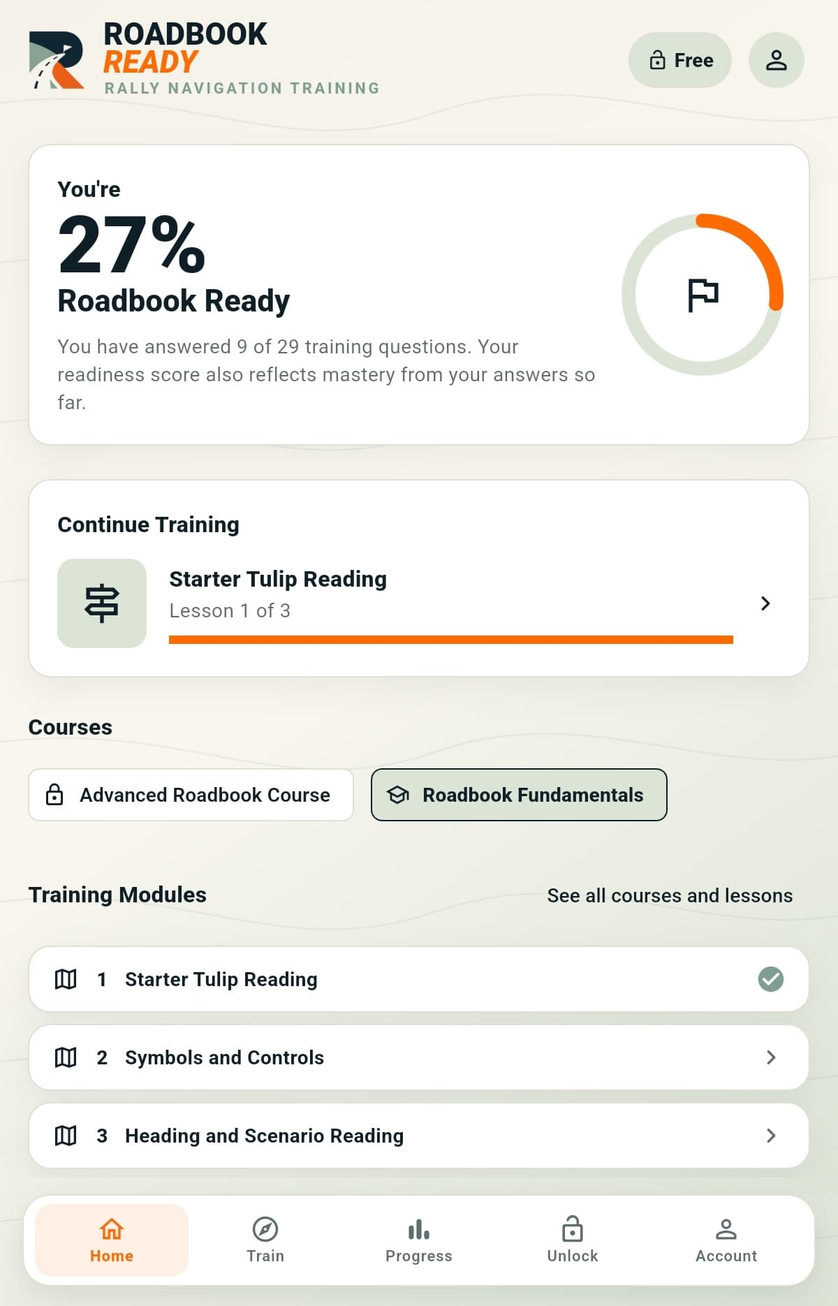 Roadbook Ready mobile app home screen showing a 27 percent readiness score and training modules